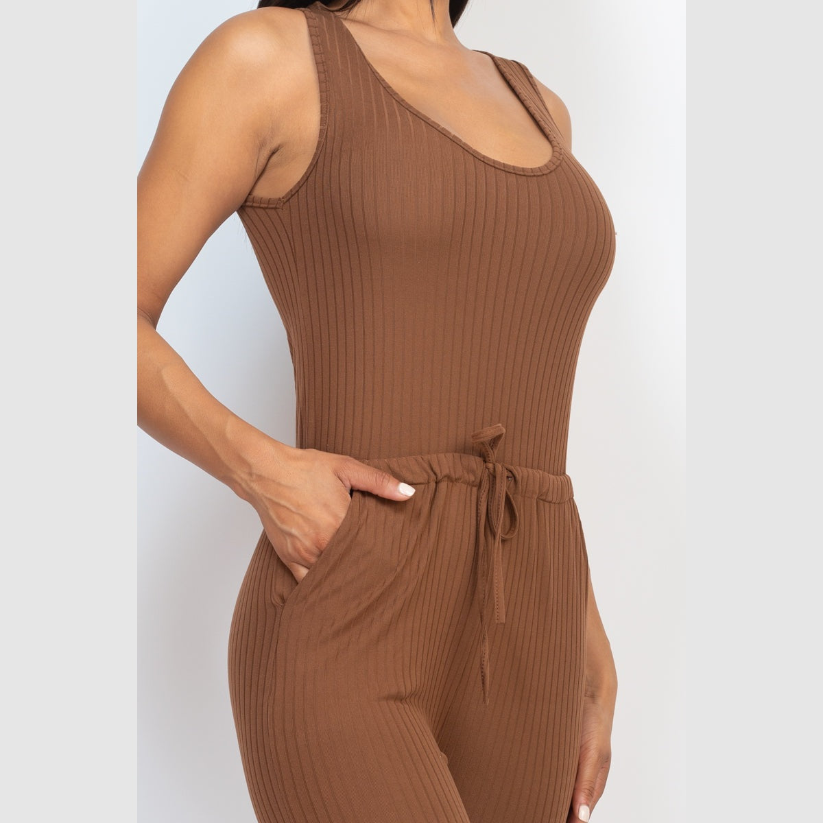 Ribbed Sleeveless Drawstring Jumpsuit