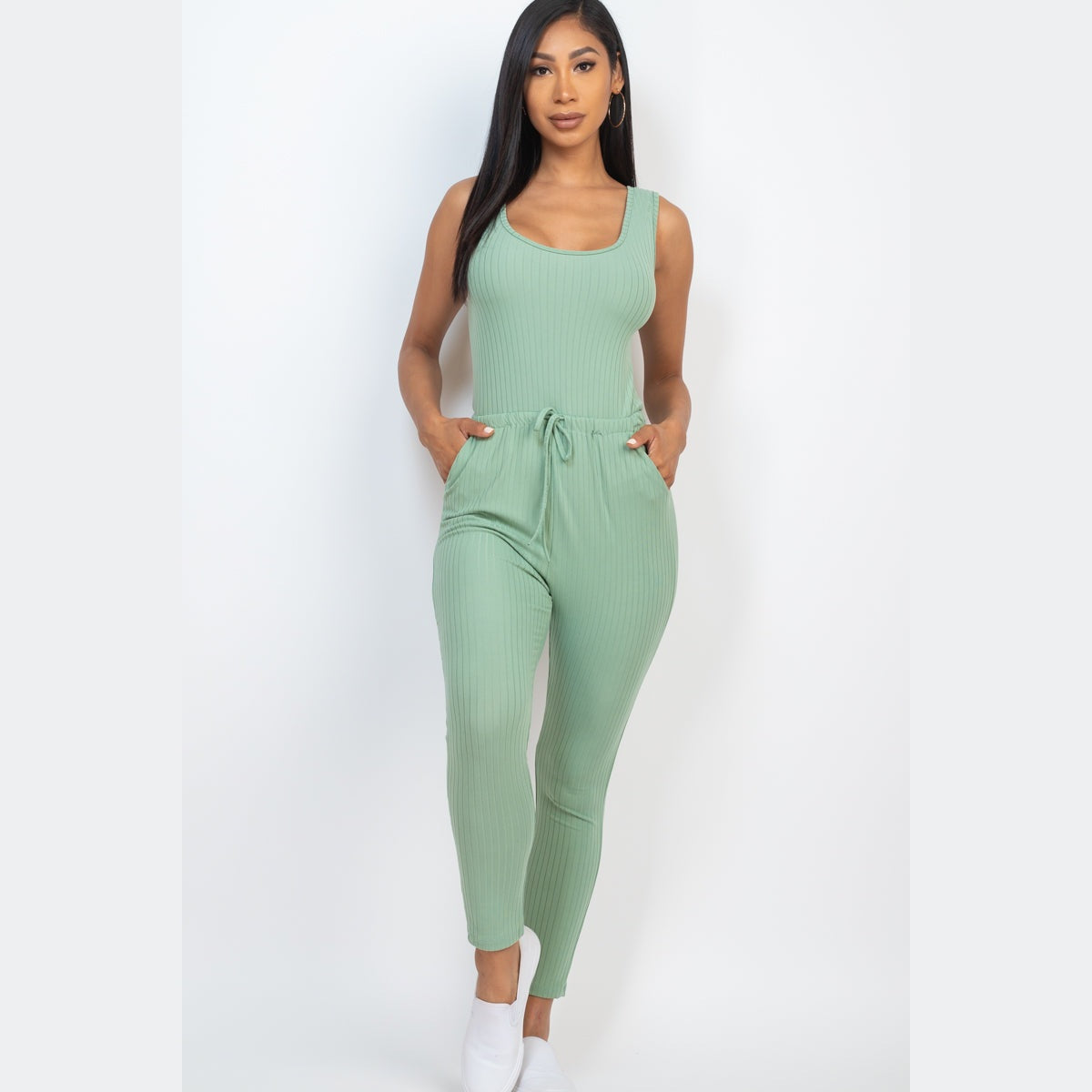 Ribbed Sleeveless Drawstring Jumpsuit