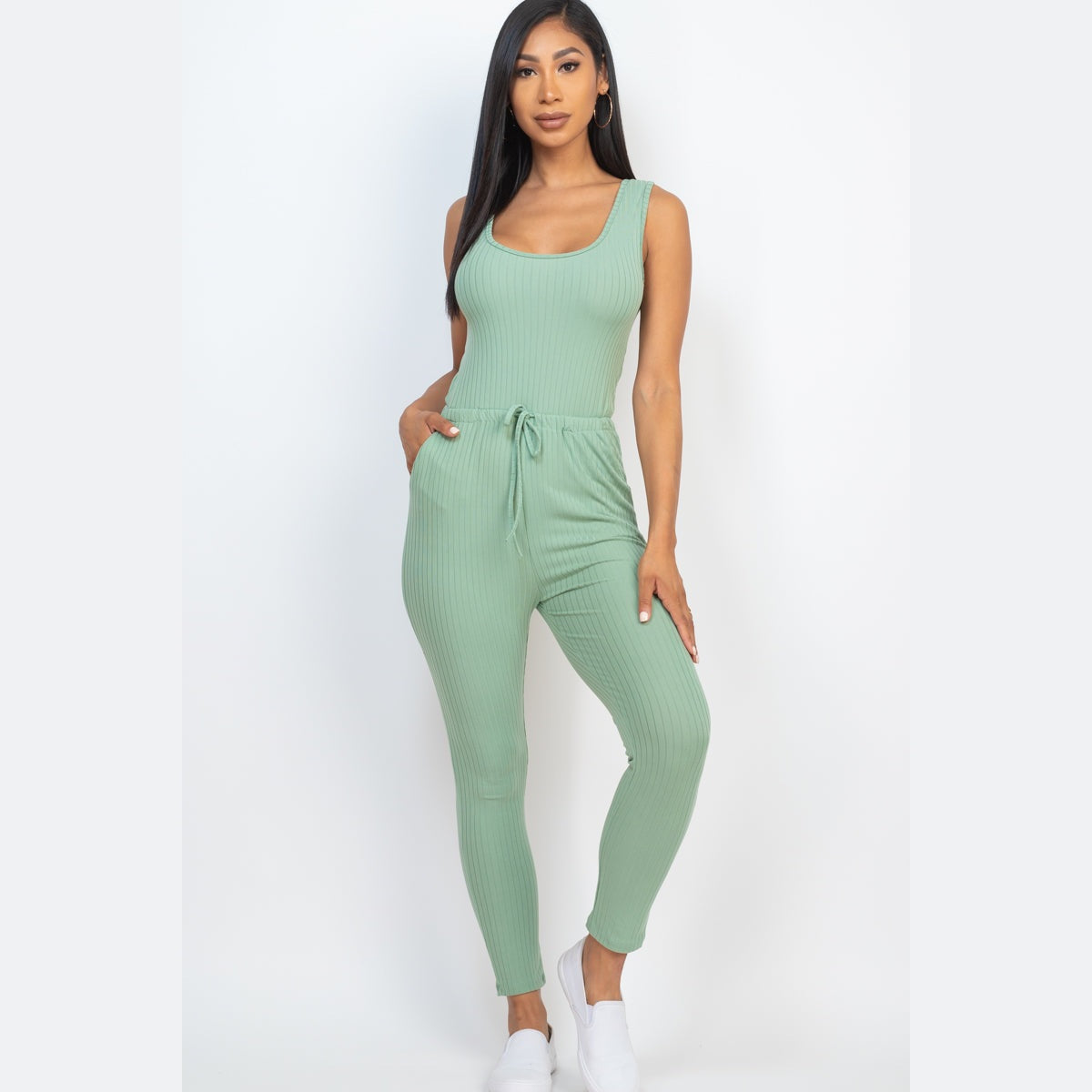 Ribbed Sleeveless Drawstring Jumpsuit