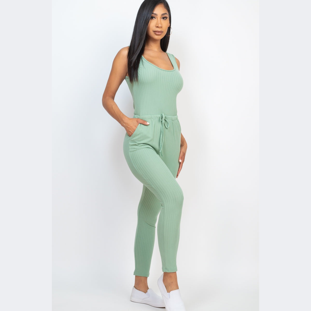 Ribbed Sleeveless Drawstring Jumpsuit