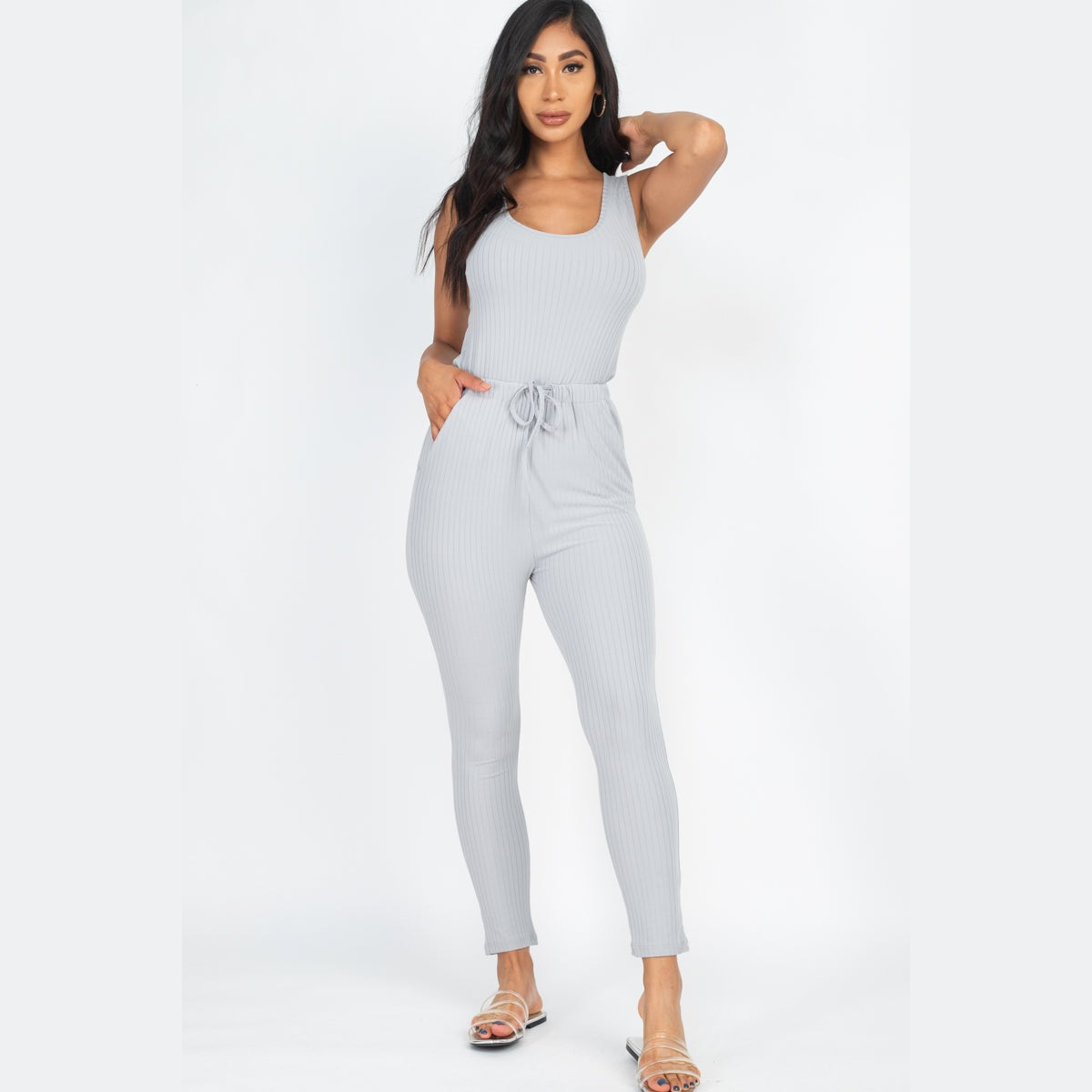 Ribbed Sleeveless Drawstring Jumpsuit
