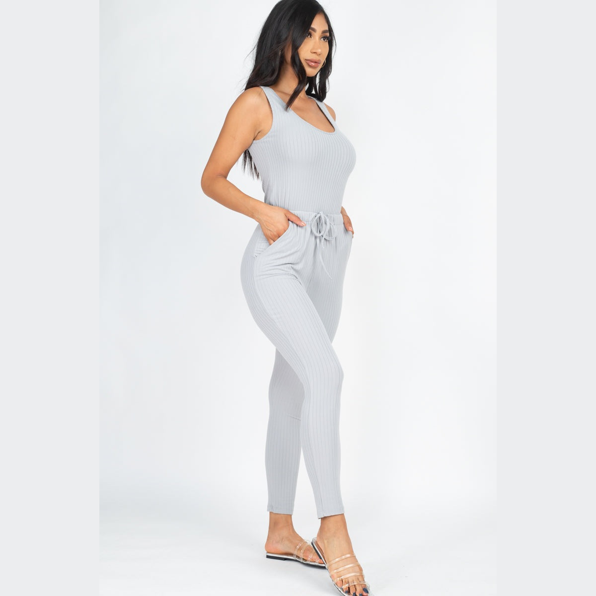 Ribbed Sleeveless Drawstring Jumpsuit