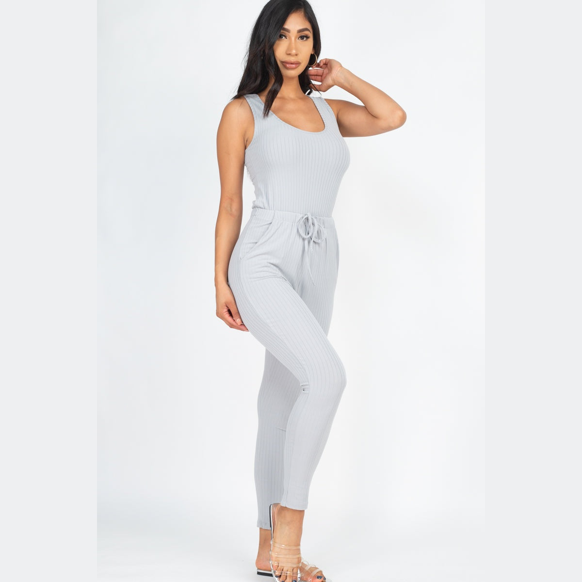 Ribbed Sleeveless Drawstring Jumpsuit