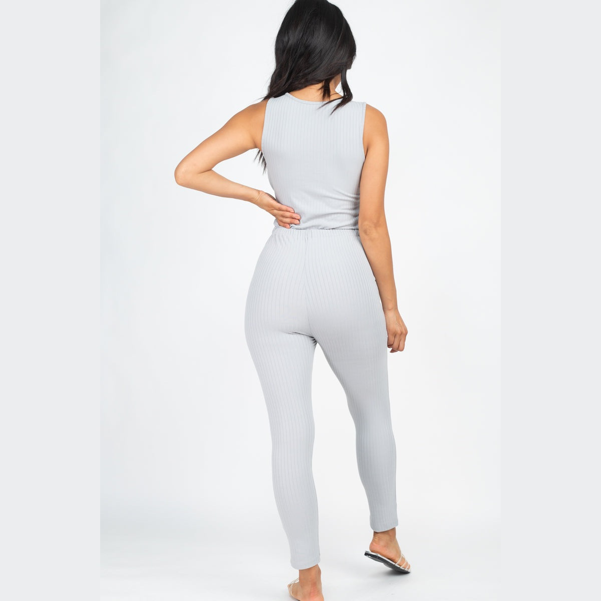 Ribbed Sleeveless Drawstring Jumpsuit