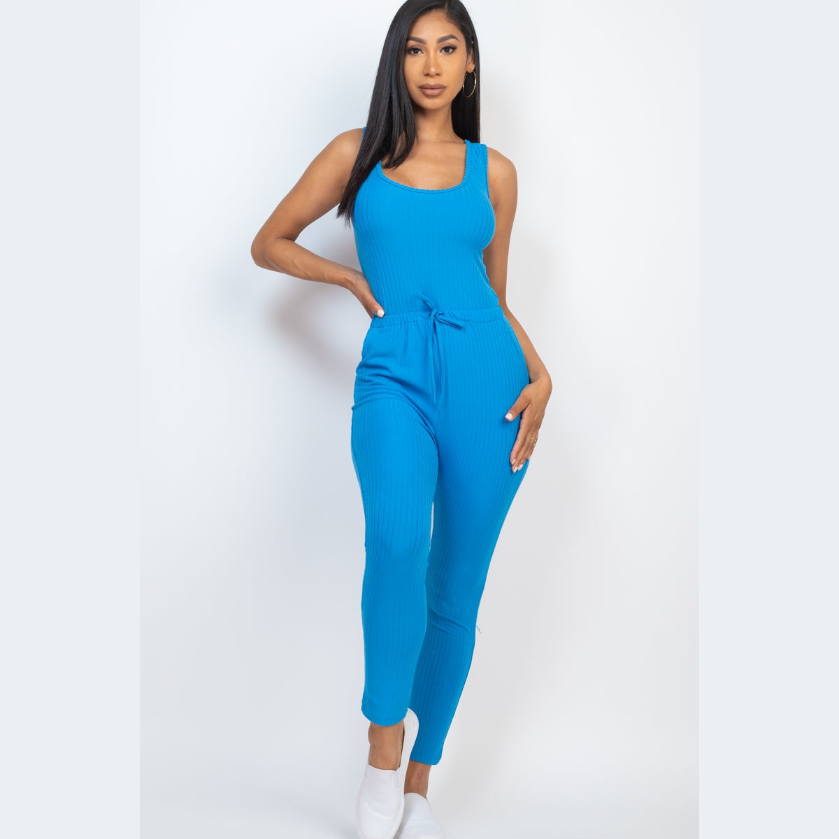 Ribbed Sleeveless Drawstring Jumpsuit