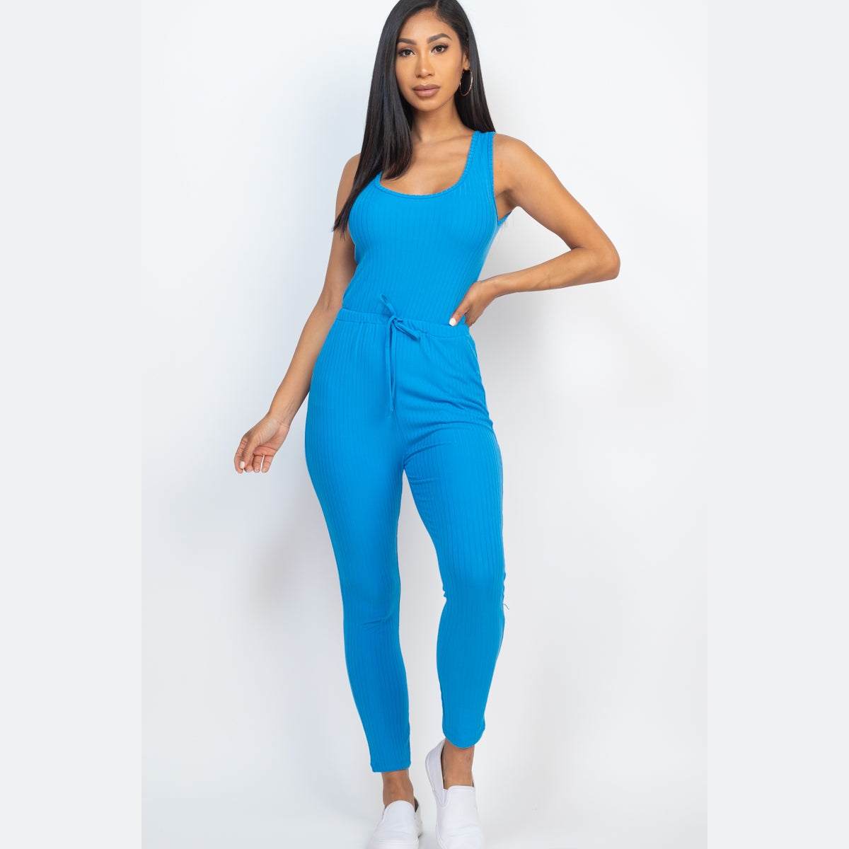 Ribbed Sleeveless Drawstring Jumpsuit