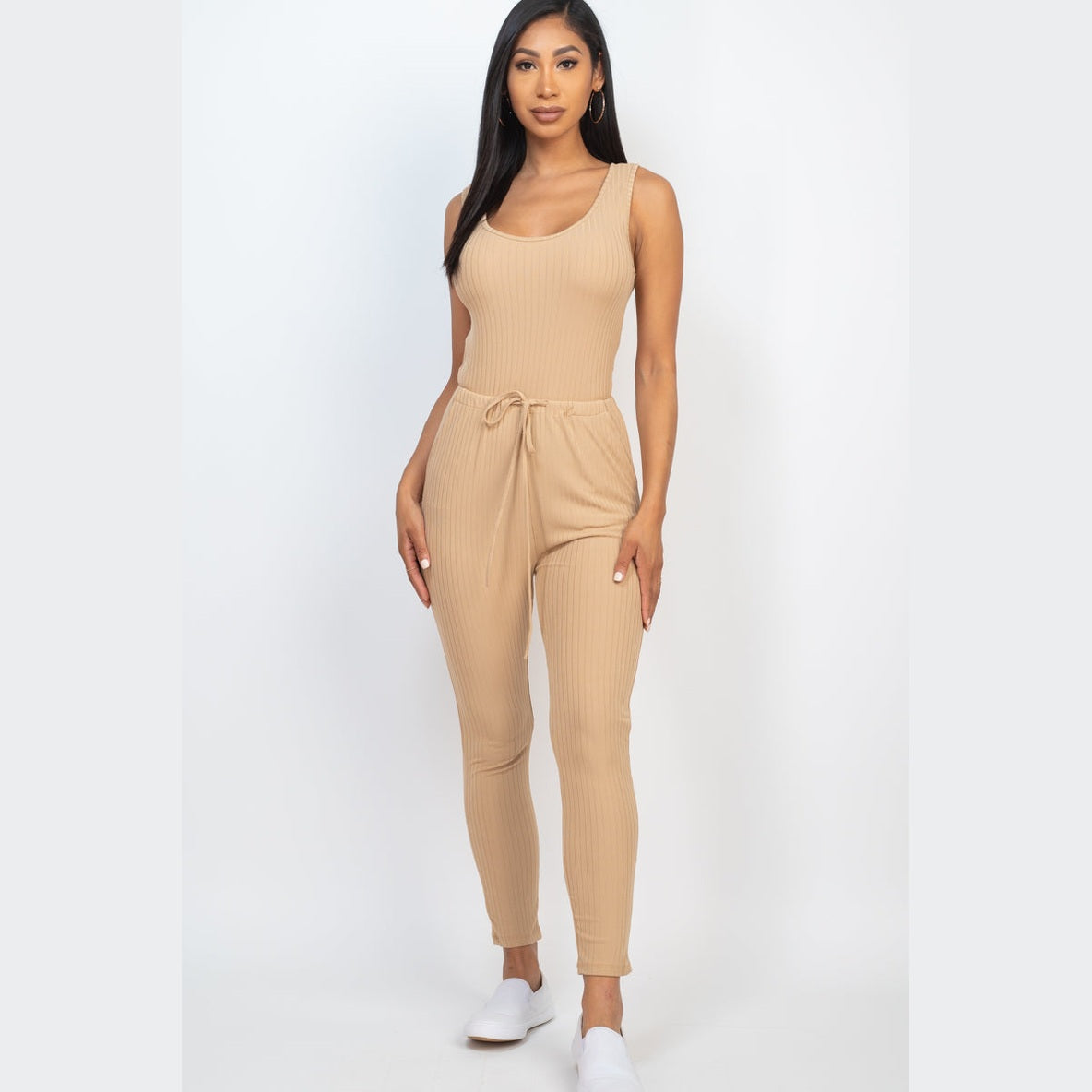 Ribbed Sleeveless Drawstring Jumpsuit