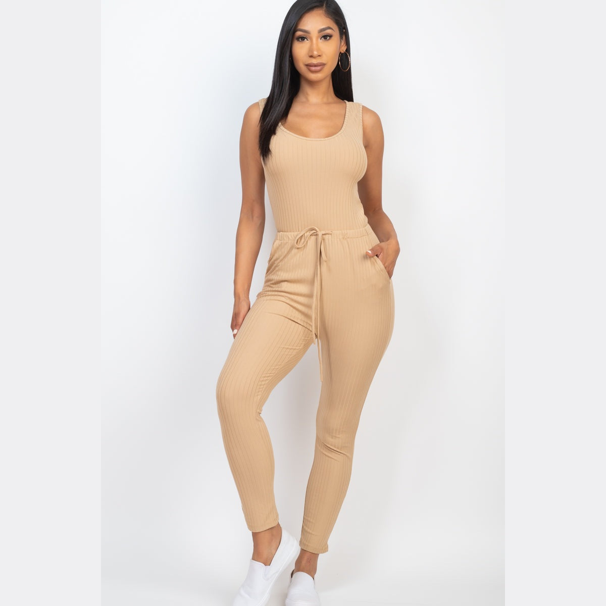 Ribbed Sleeveless Drawstring Jumpsuit