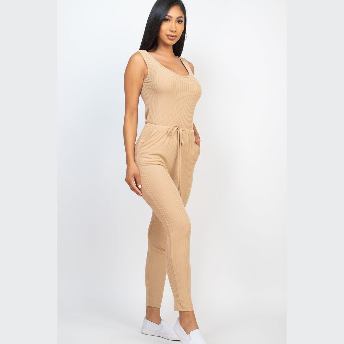 Ribbed Sleeveless Drawstring Jumpsuit