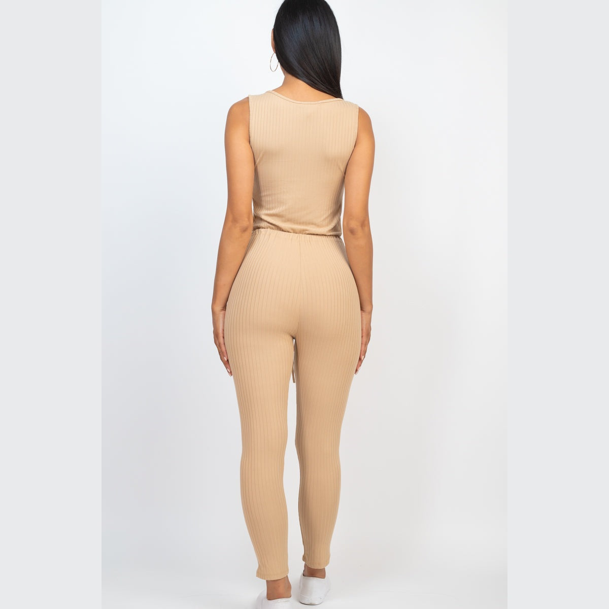 Ribbed Sleeveless Drawstring Jumpsuit