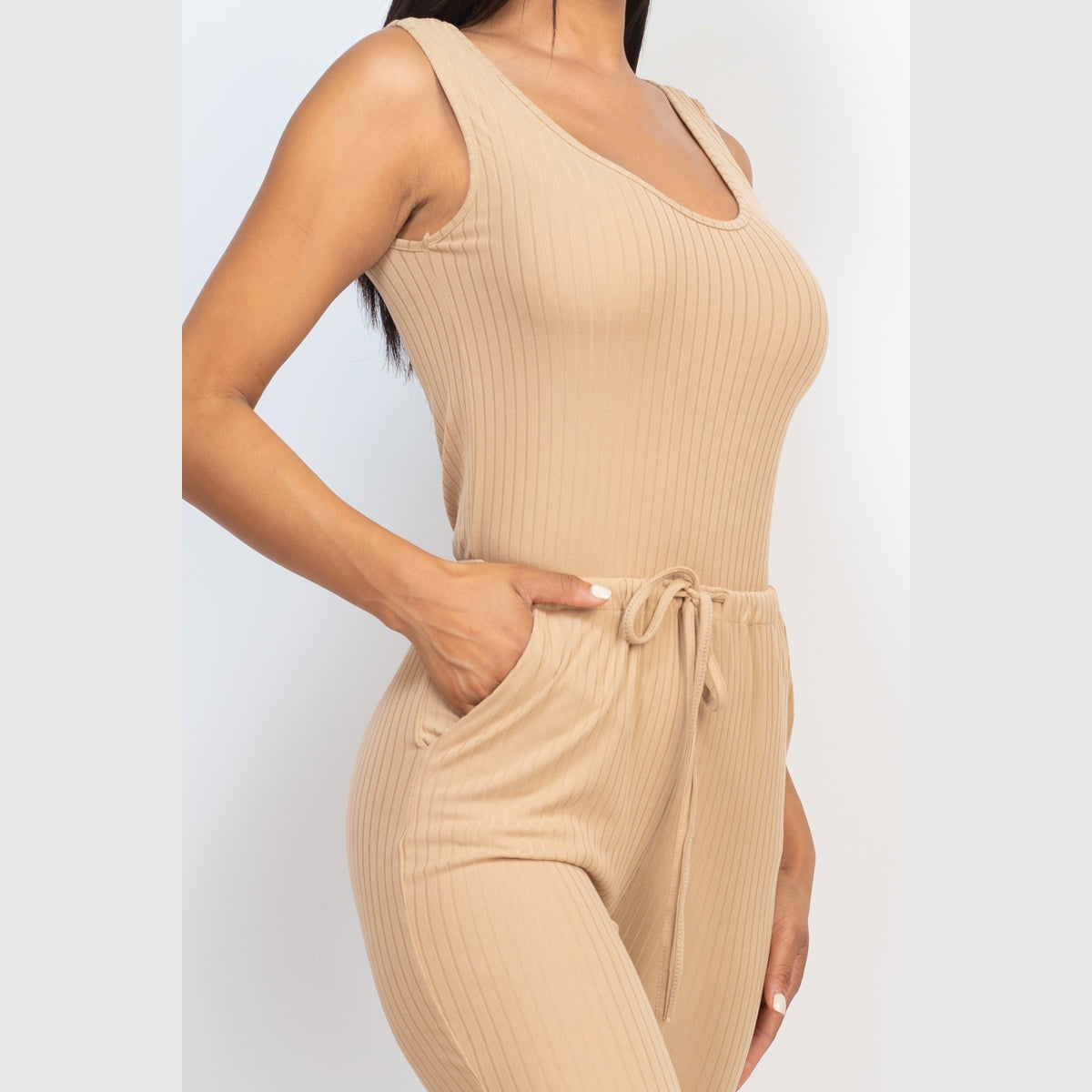 Ribbed Sleeveless Drawstring Jumpsuit
