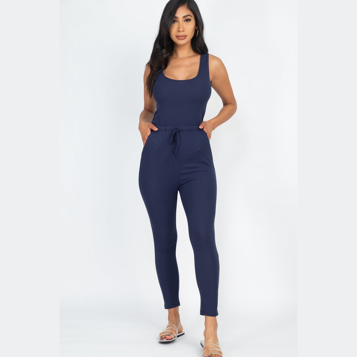 Ribbed Sleeveless Drawstring Jumpsuit