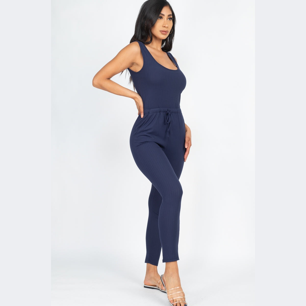 Ribbed Sleeveless Drawstring Jumpsuit
