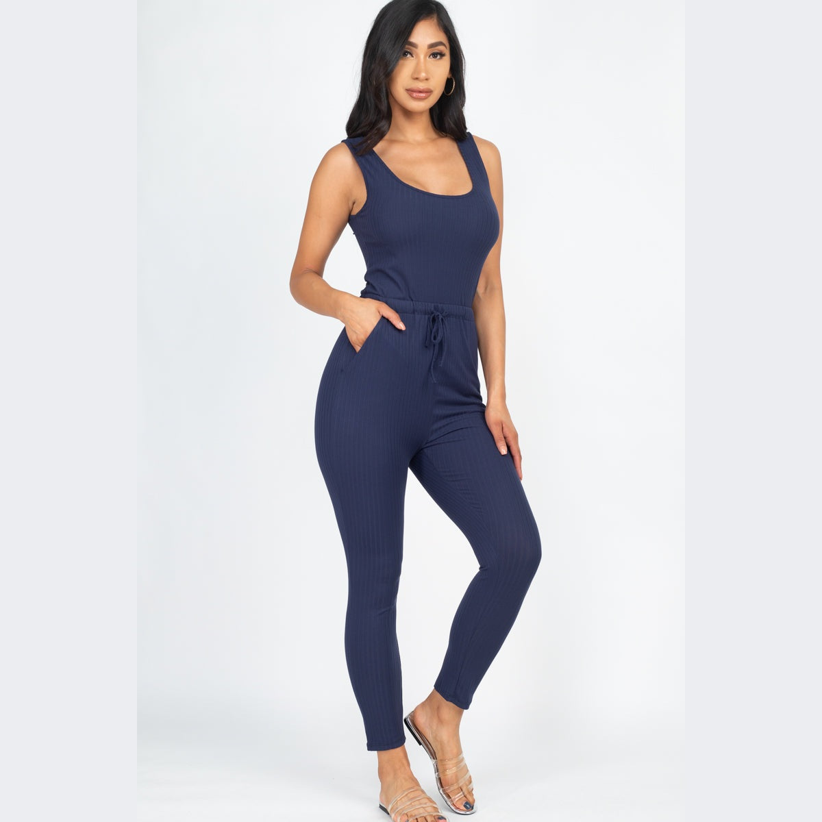 Ribbed Sleeveless Drawstring Jumpsuit