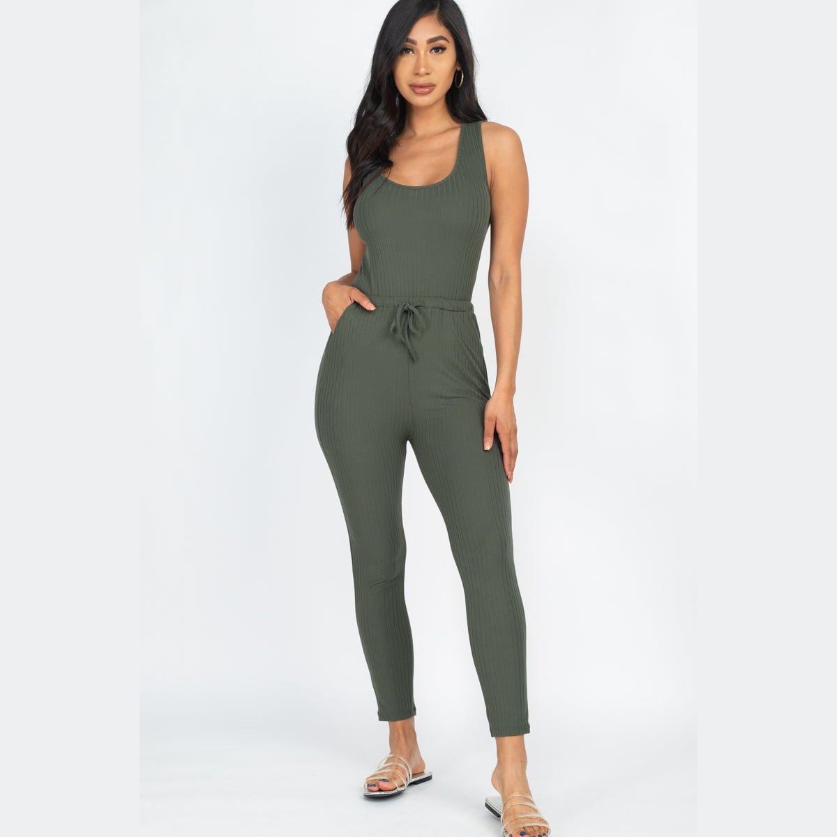 Ribbed Sleeveless Drawstring Jumpsuit