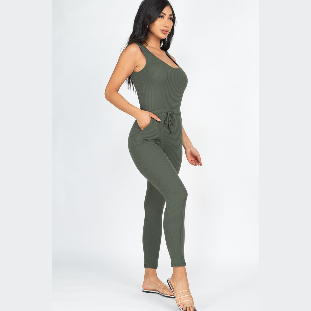 Ribbed Sleeveless Drawstring Jumpsuit