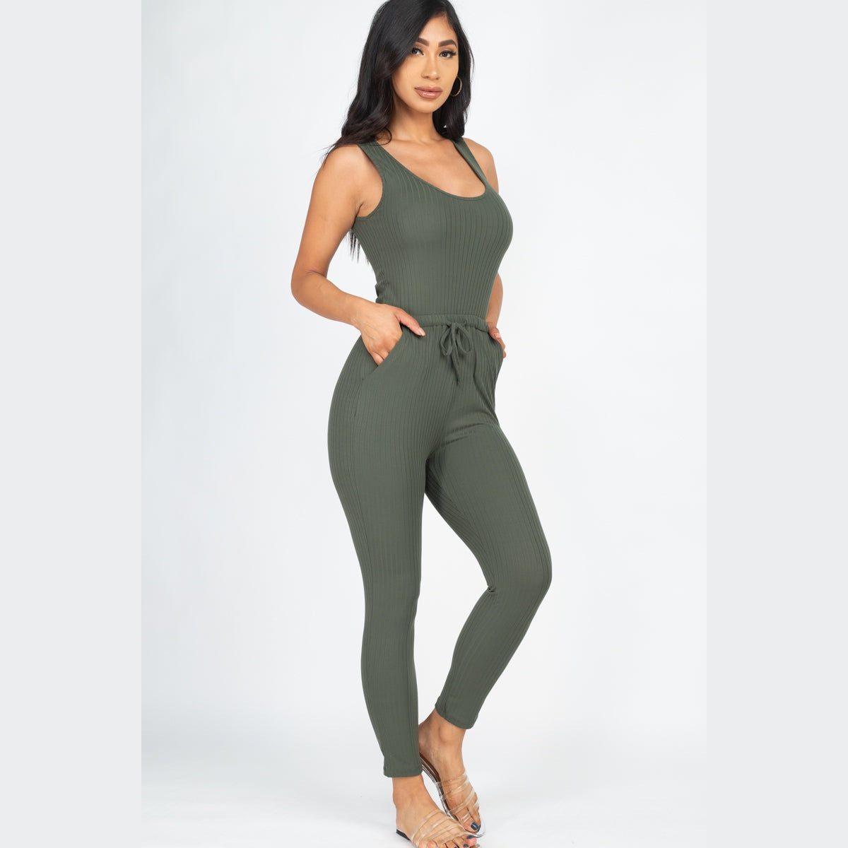 Ribbed Sleeveless Drawstring Jumpsuit
