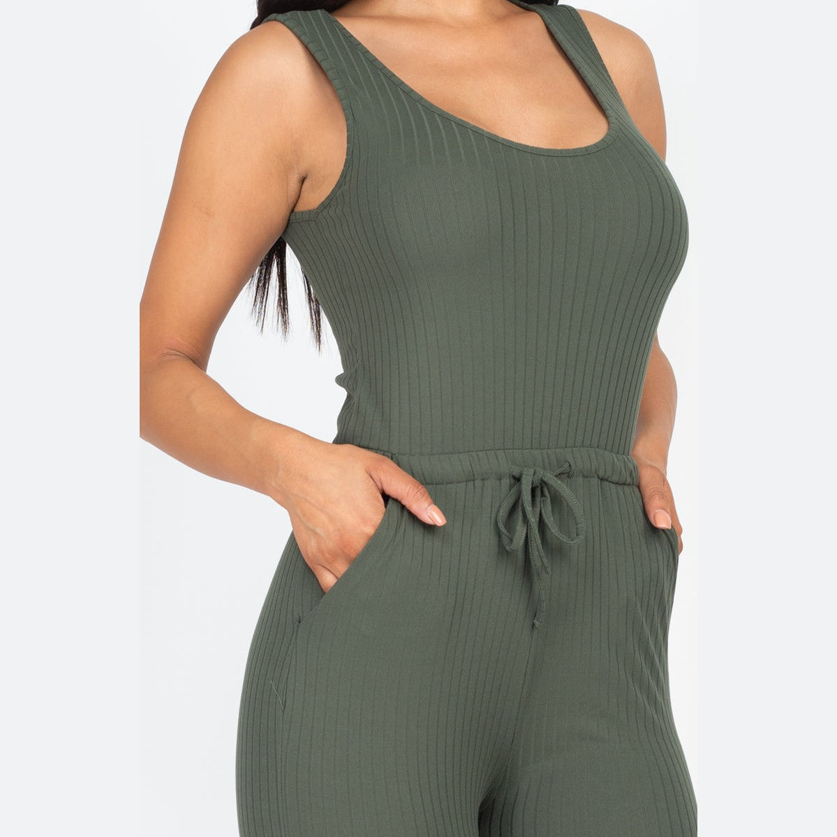 Ribbed Sleeveless Drawstring Jumpsuit