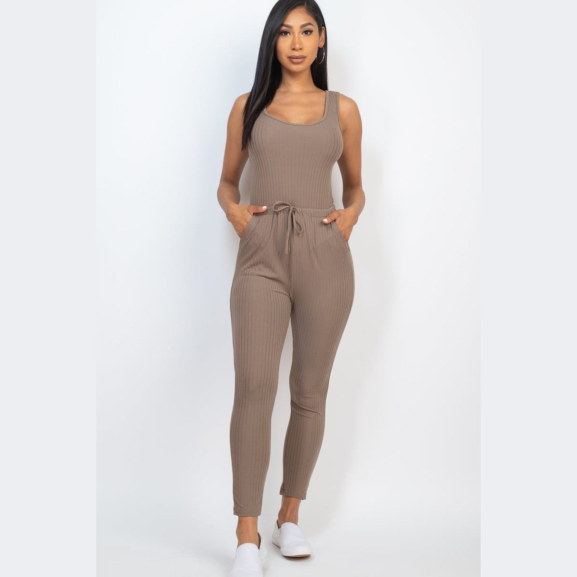 Ribbed Sleeveless Drawstring Jumpsuit