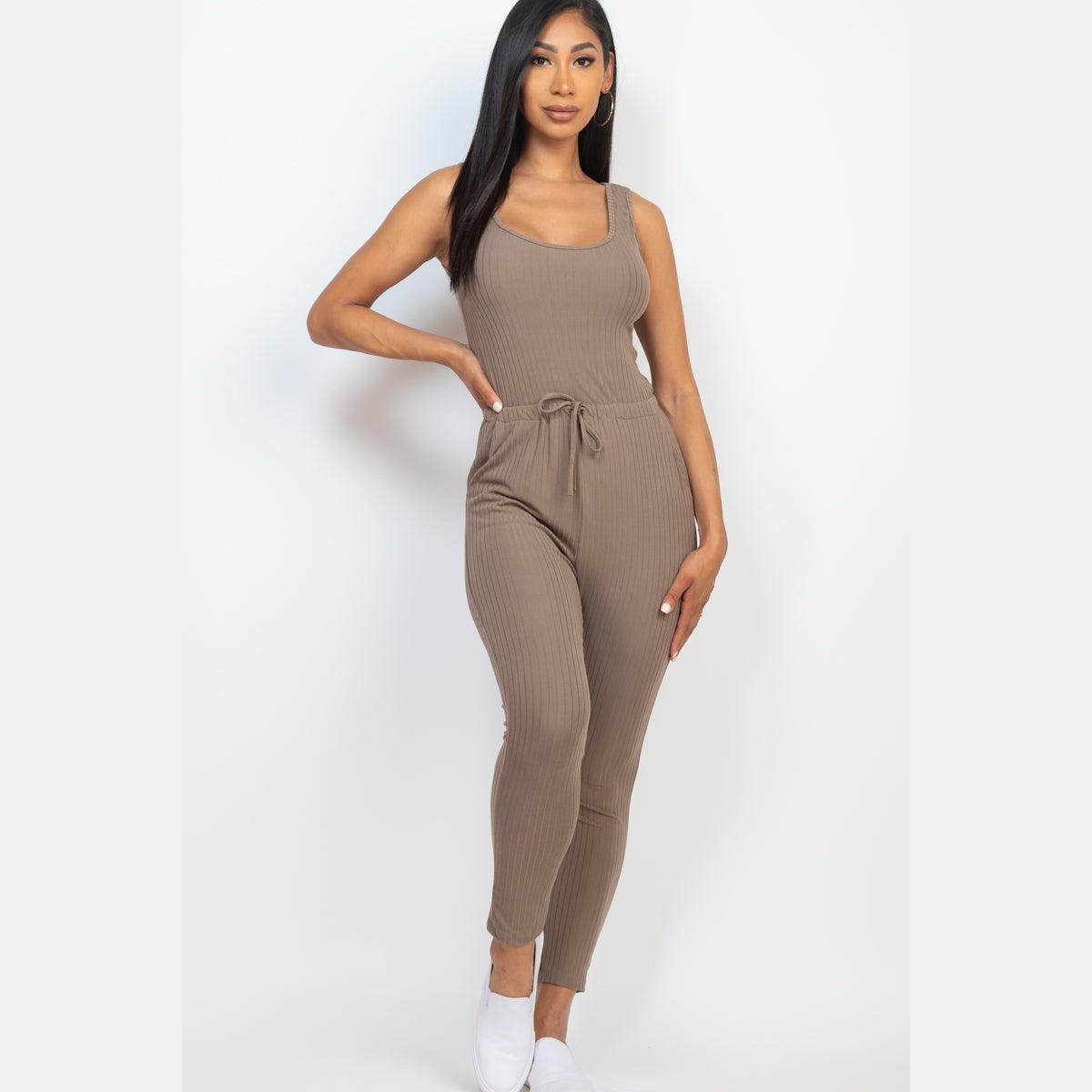 Ribbed Sleeveless Drawstring Jumpsuit