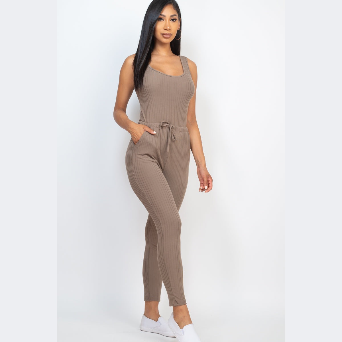 Ribbed Sleeveless Drawstring Jumpsuit