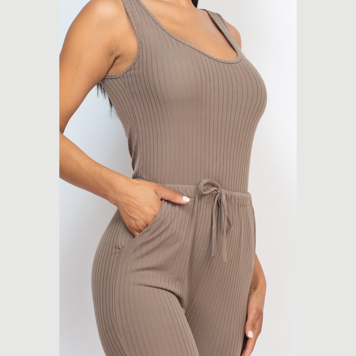 Ribbed Sleeveless Drawstring Jumpsuit
