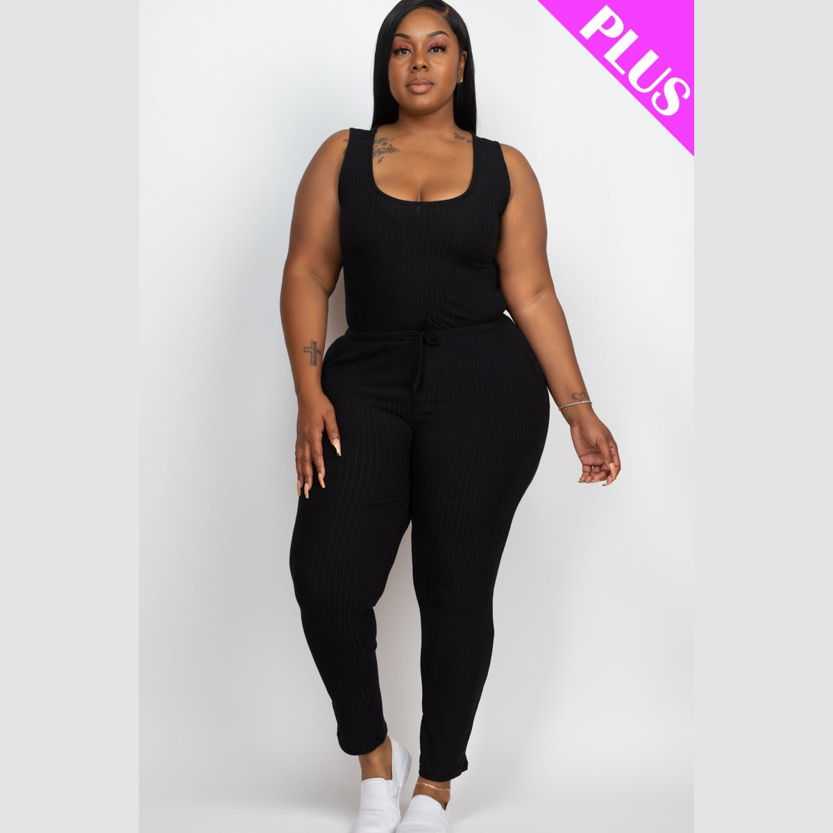 Plus Size Ribbed Sleeveless Drawstring Waist Jumpsuit