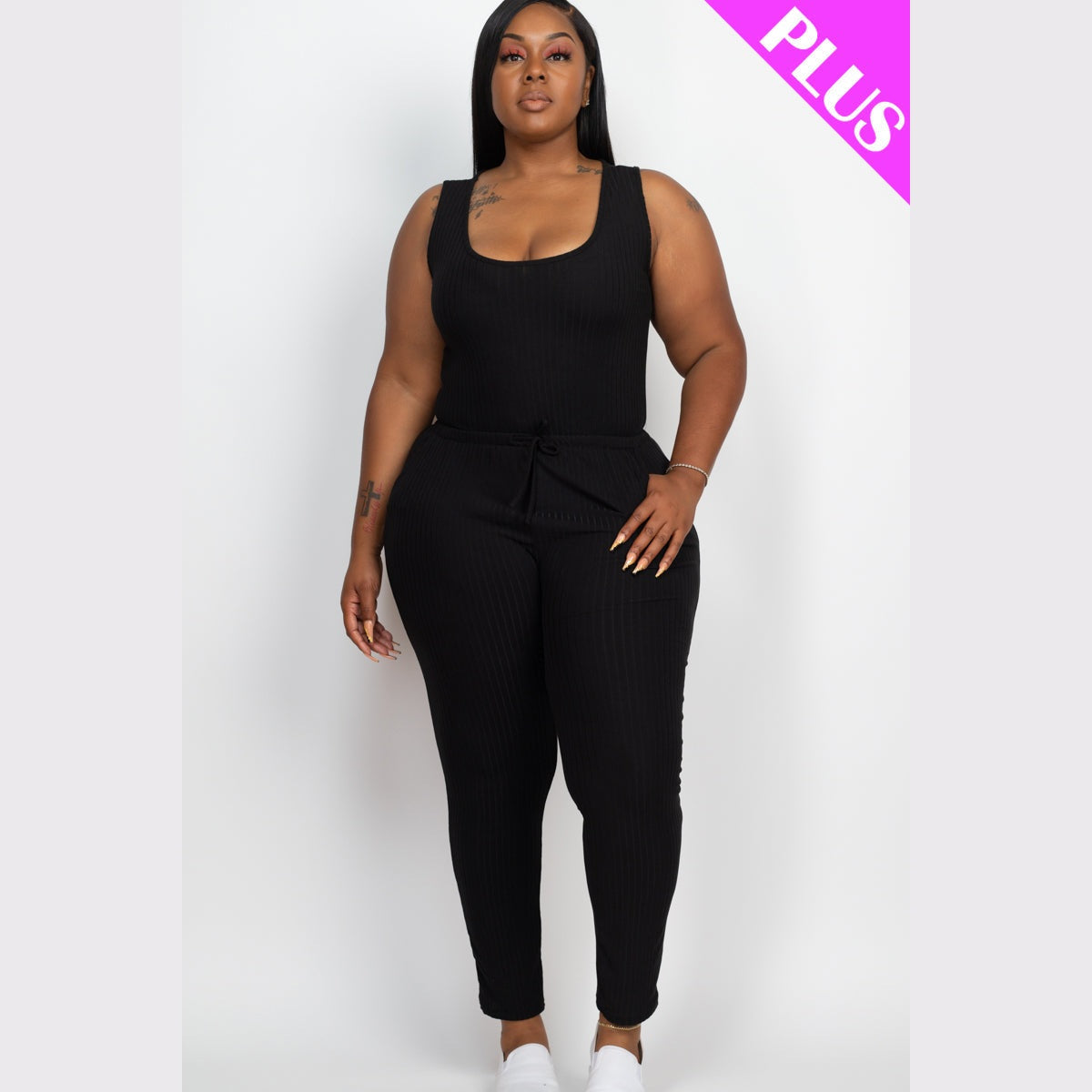 Plus Size Ribbed Sleeveless Drawstring Waist Jumpsuit