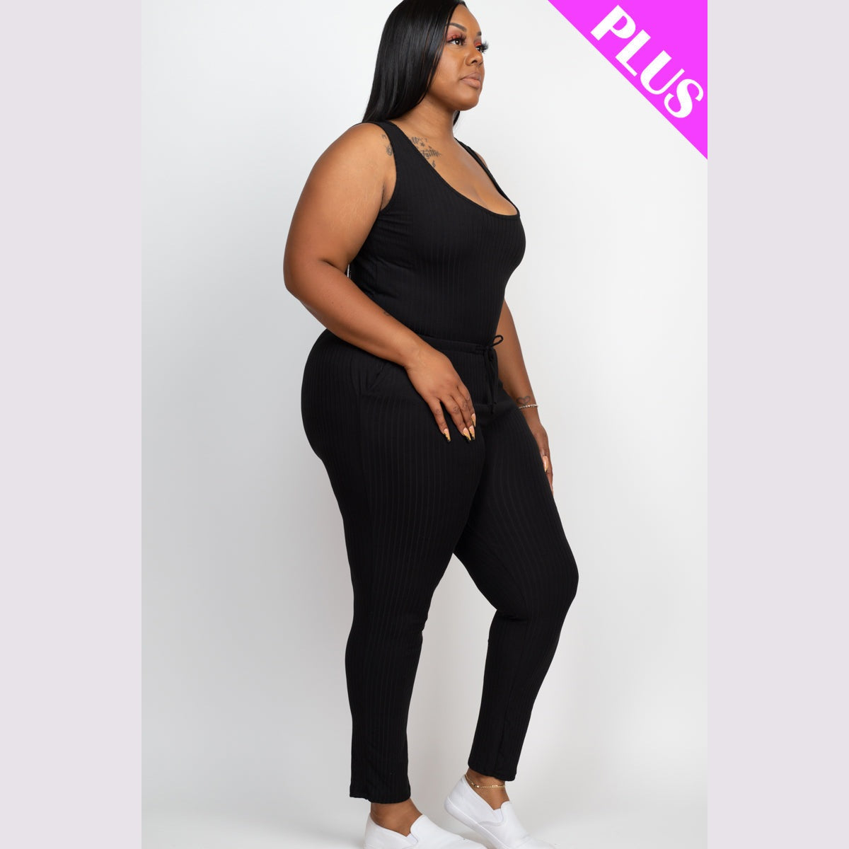 Plus Size Ribbed Sleeveless Drawstring Waist Jumpsuit
