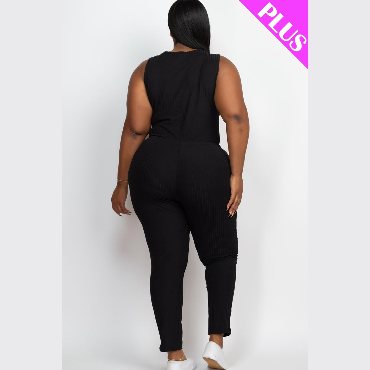 Plus Size Ribbed Sleeveless Drawstring Waist Jumpsuit