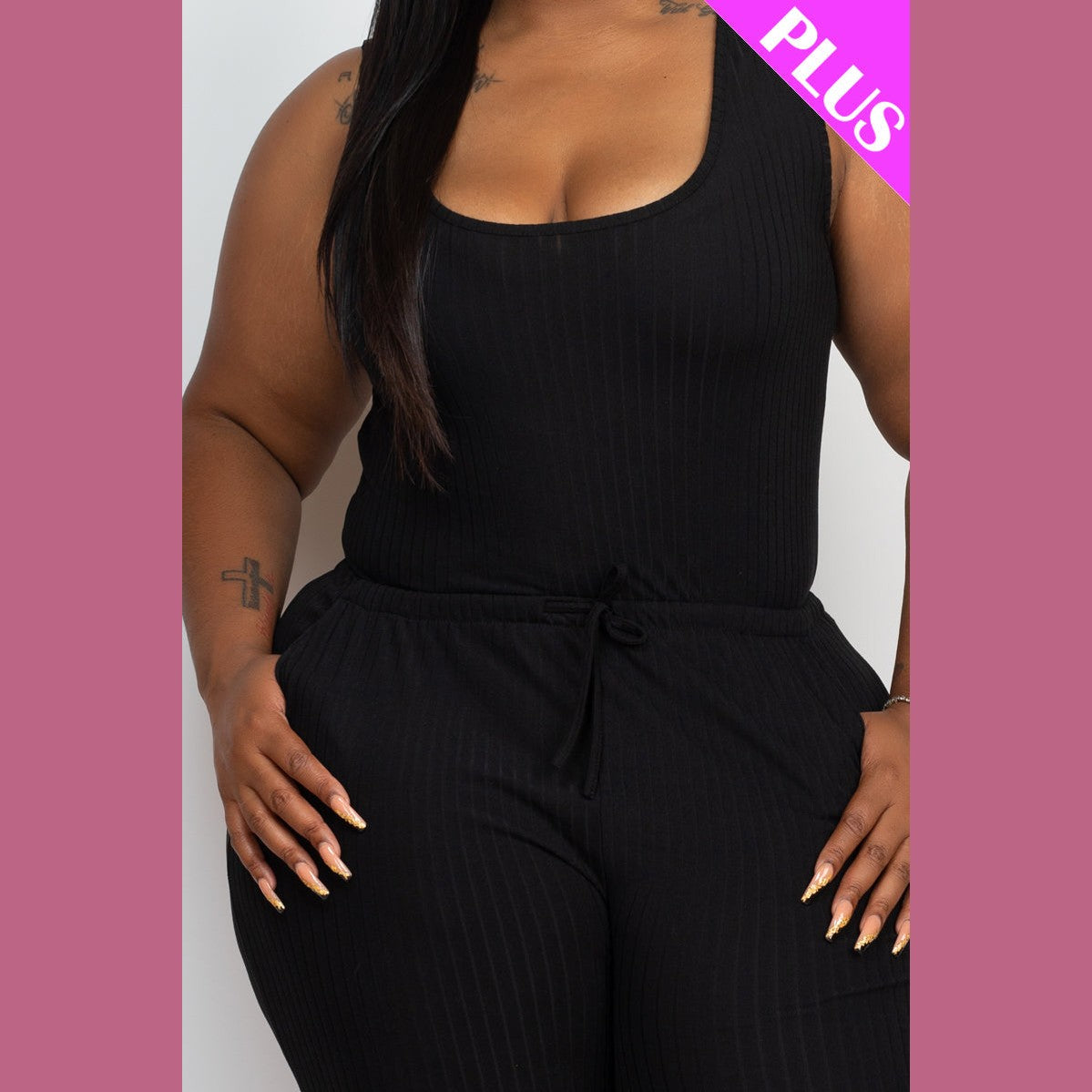 Plus Size Ribbed Sleeveless Drawstring Waist Jumpsuit