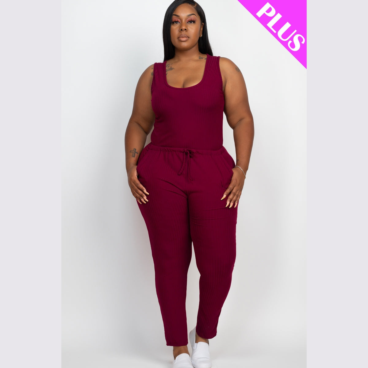Plus Size Ribbed Sleeveless Drawstring Waist Jumpsuit