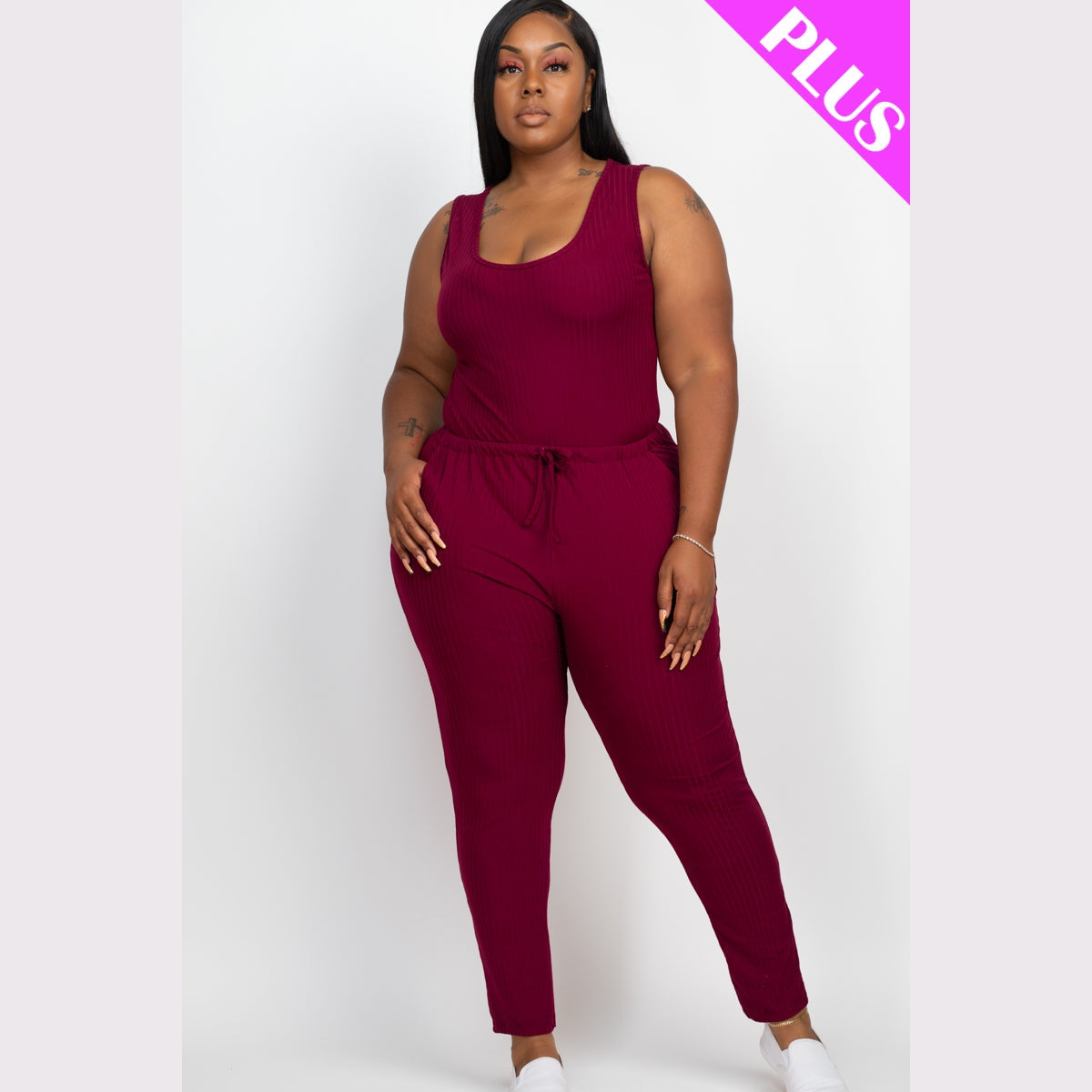 Plus Size Ribbed Sleeveless Drawstring Waist Jumpsuit