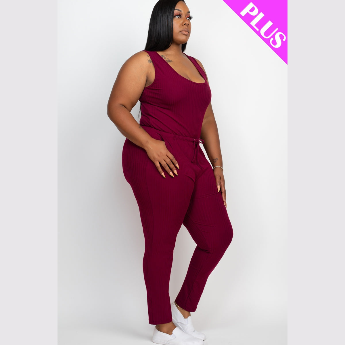 Plus Size Ribbed Sleeveless Drawstring Waist Jumpsuit