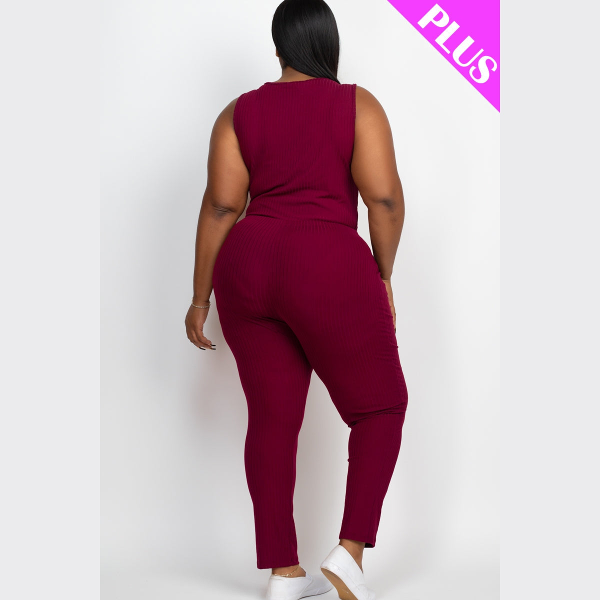 Plus Size Ribbed Sleeveless Drawstring Waist Jumpsuit