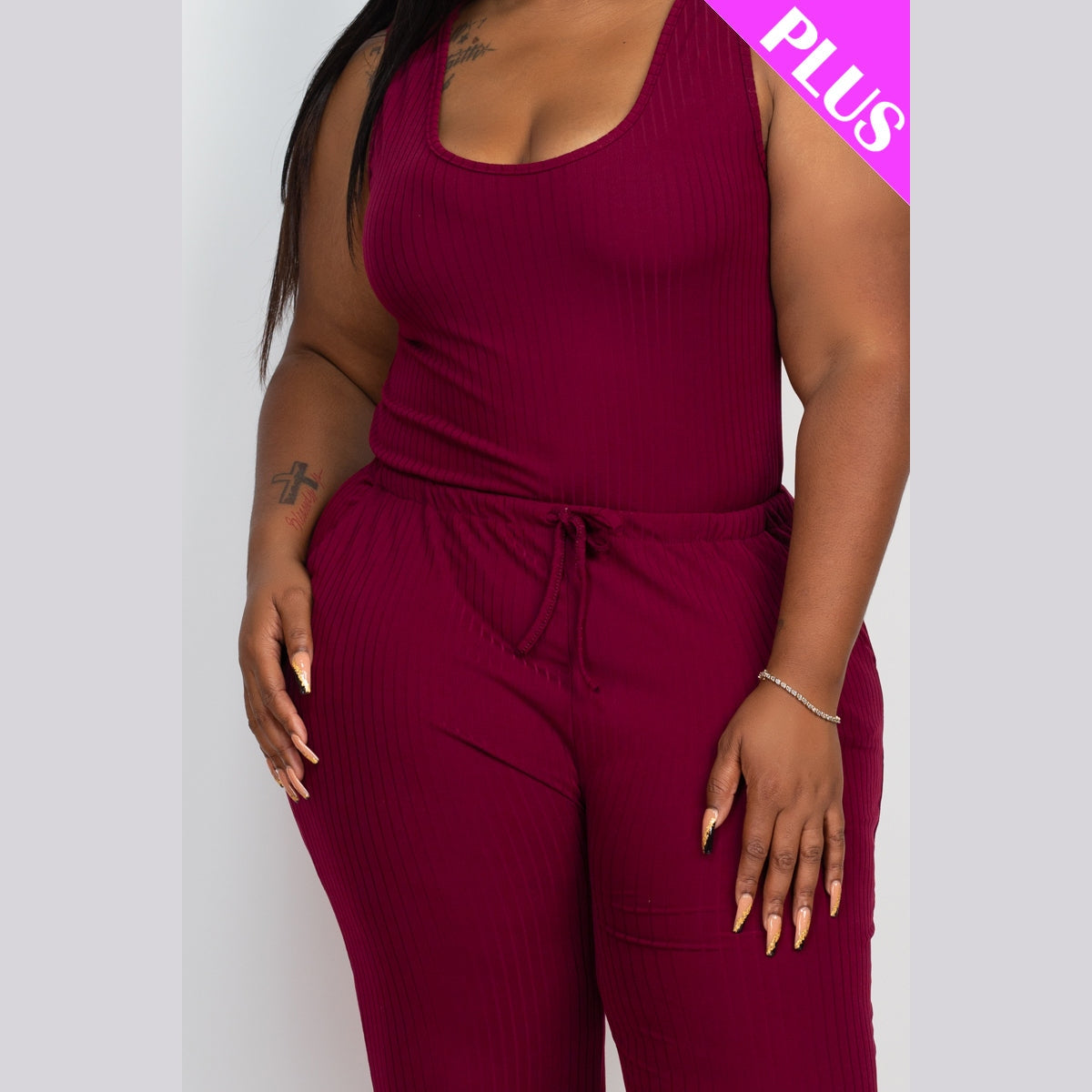Plus Size Ribbed Sleeveless Drawstring Waist Jumpsuit