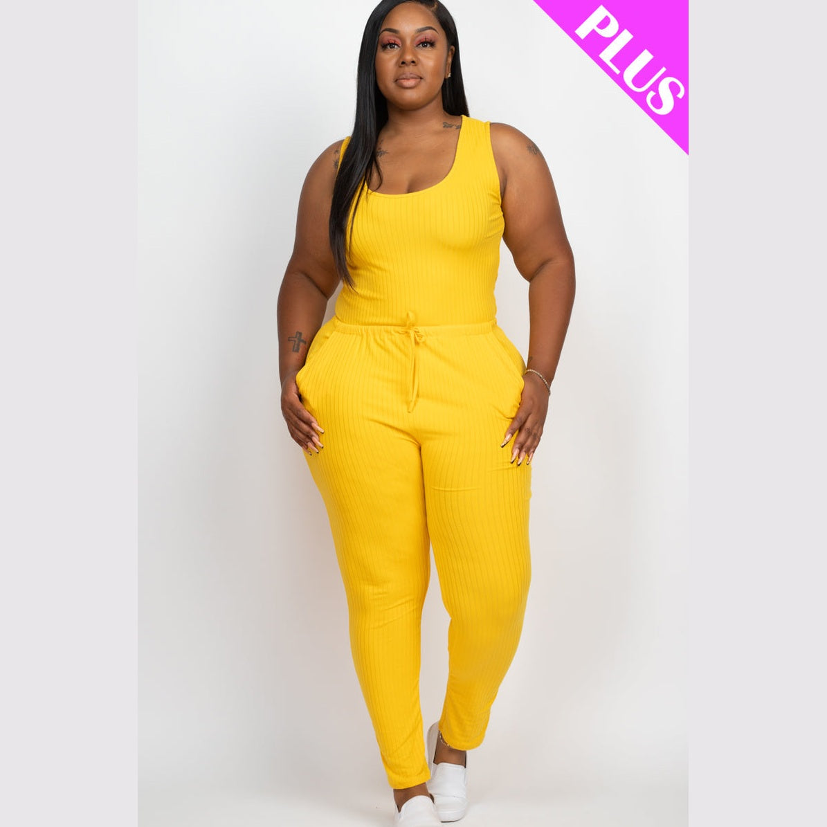 Plus Size Ribbed Sleeveless Drawstring Waist Jumpsuit