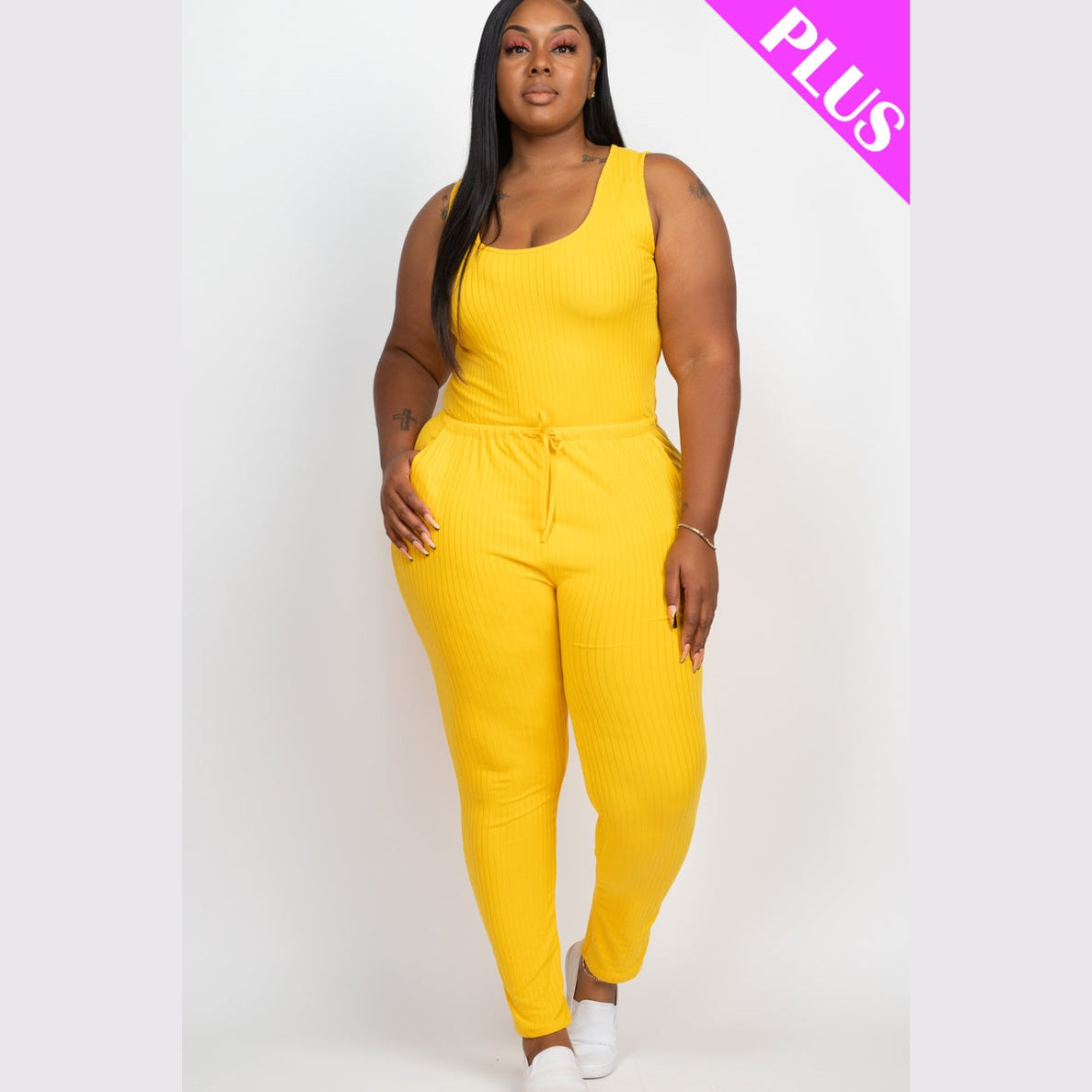 Plus Size Ribbed Sleeveless Drawstring Waist Jumpsuit