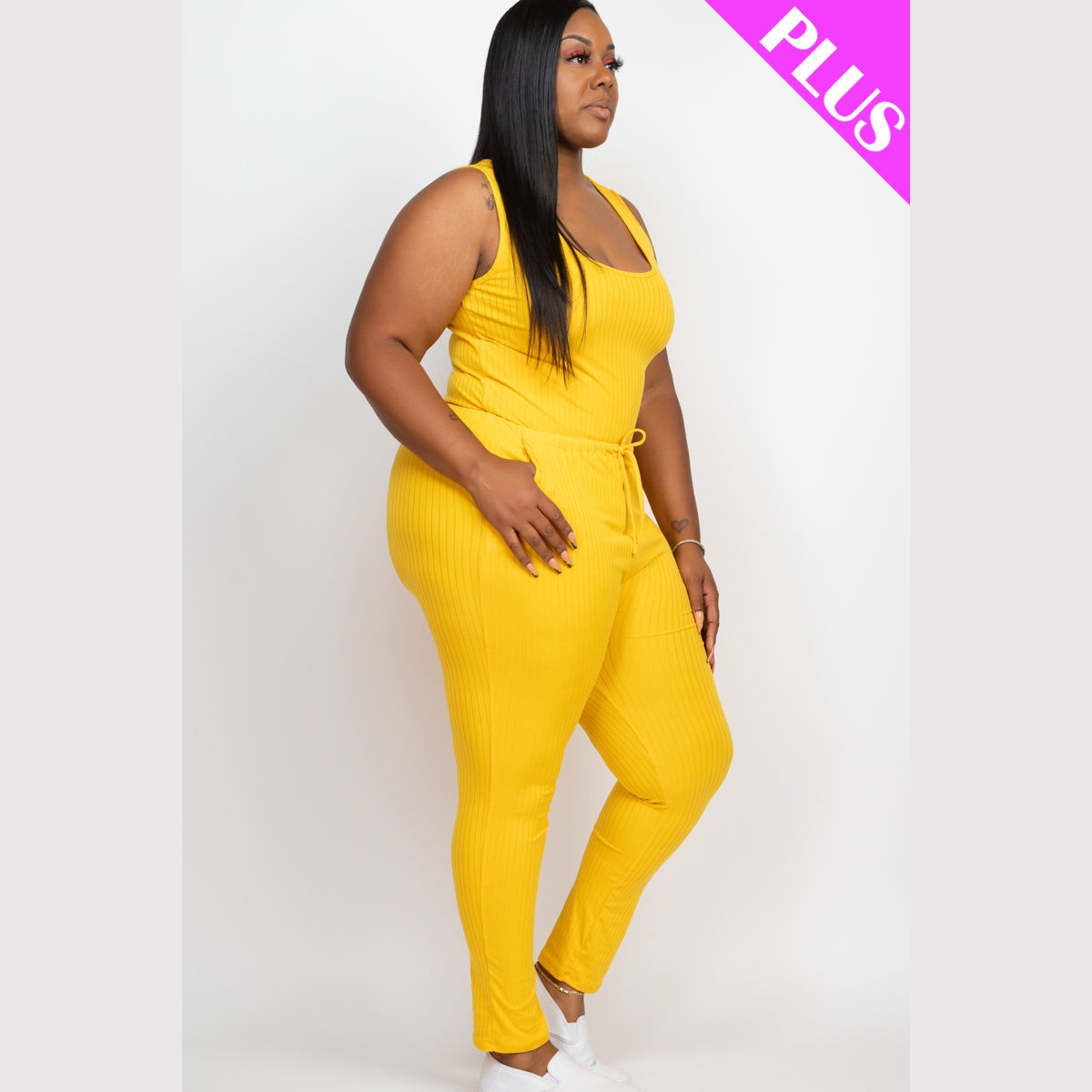 Plus Size Ribbed Sleeveless Drawstring Waist Jumpsuit
