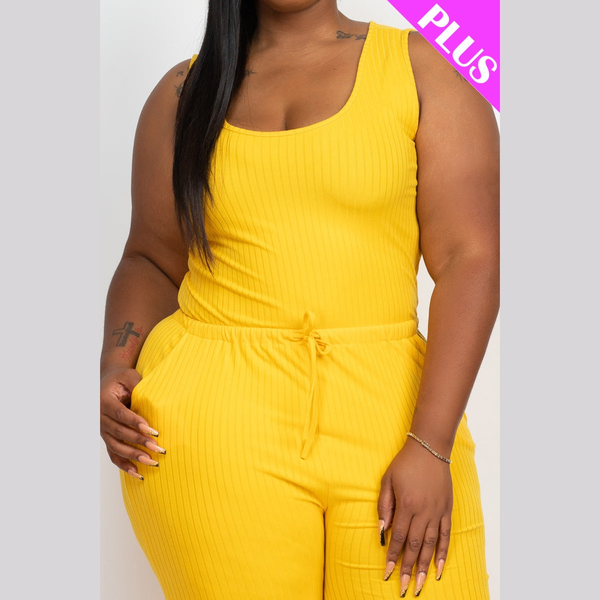 Plus Size Ribbed Sleeveless Drawstring Waist Jumpsuit