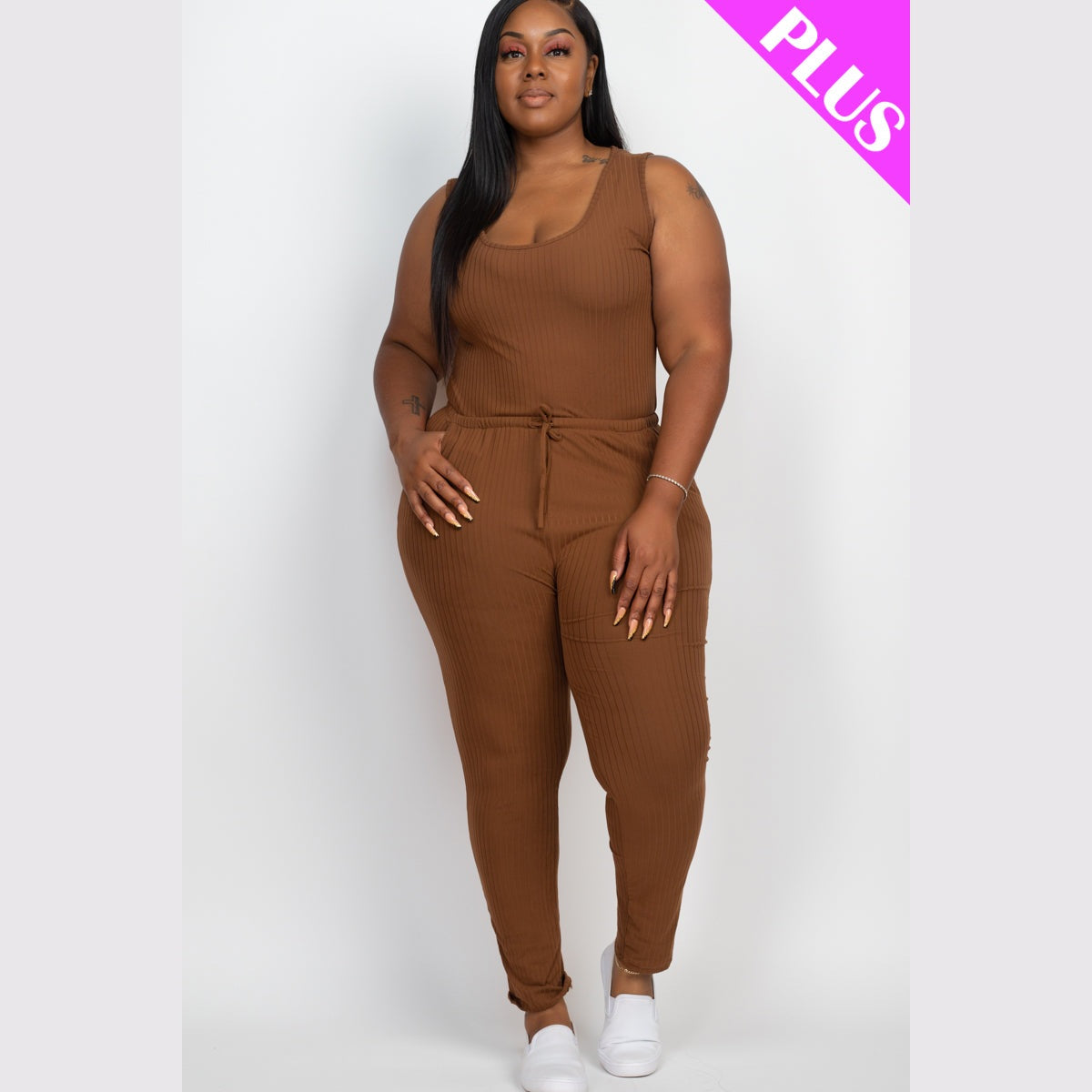 Plus Size Ribbed Sleeveless Drawstring Waist Jumpsuit