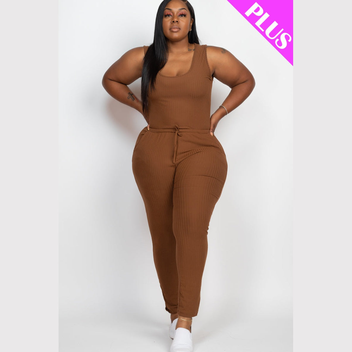 Plus Size Ribbed Sleeveless Drawstring Waist Jumpsuit