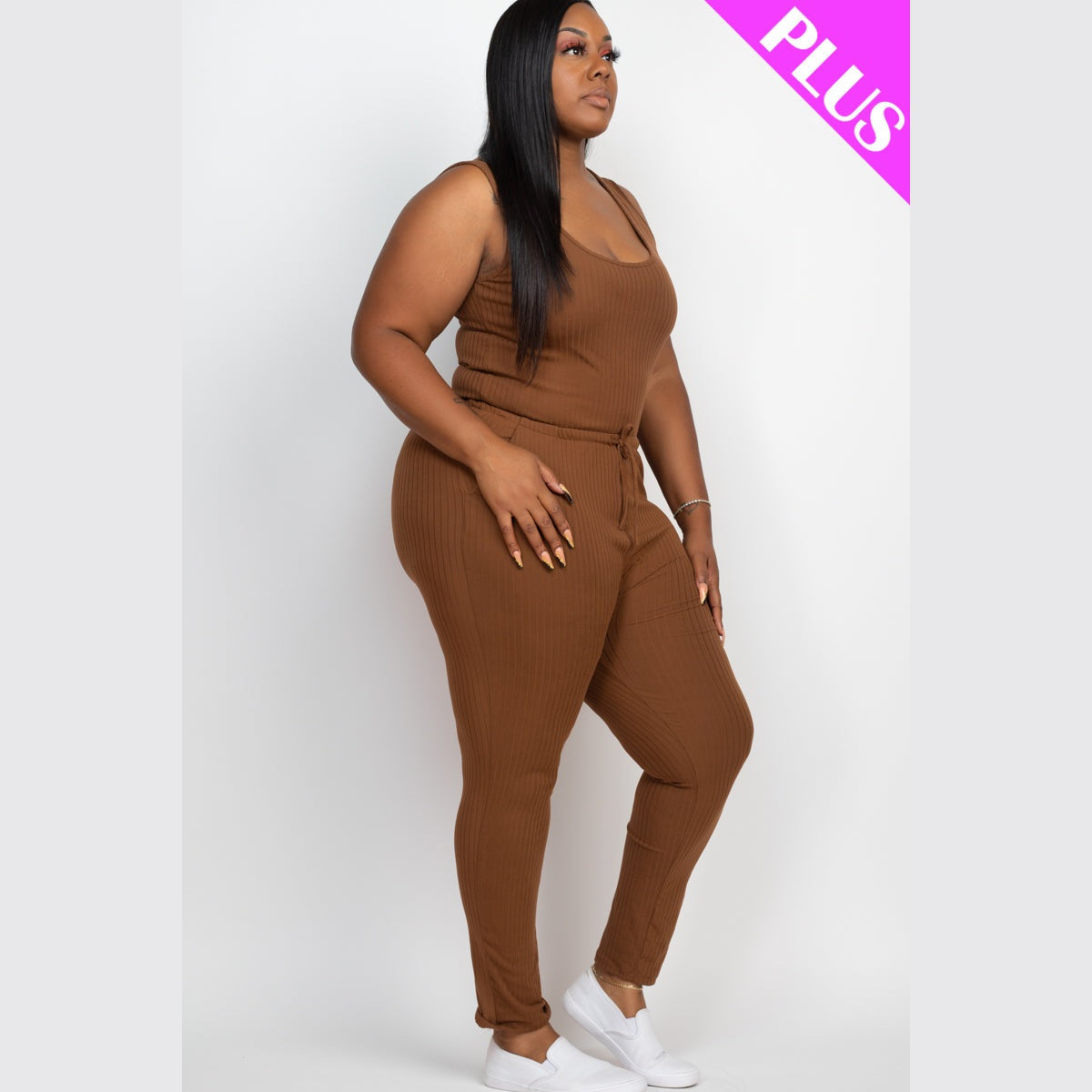 Plus Size Ribbed Sleeveless Drawstring Waist Jumpsuit