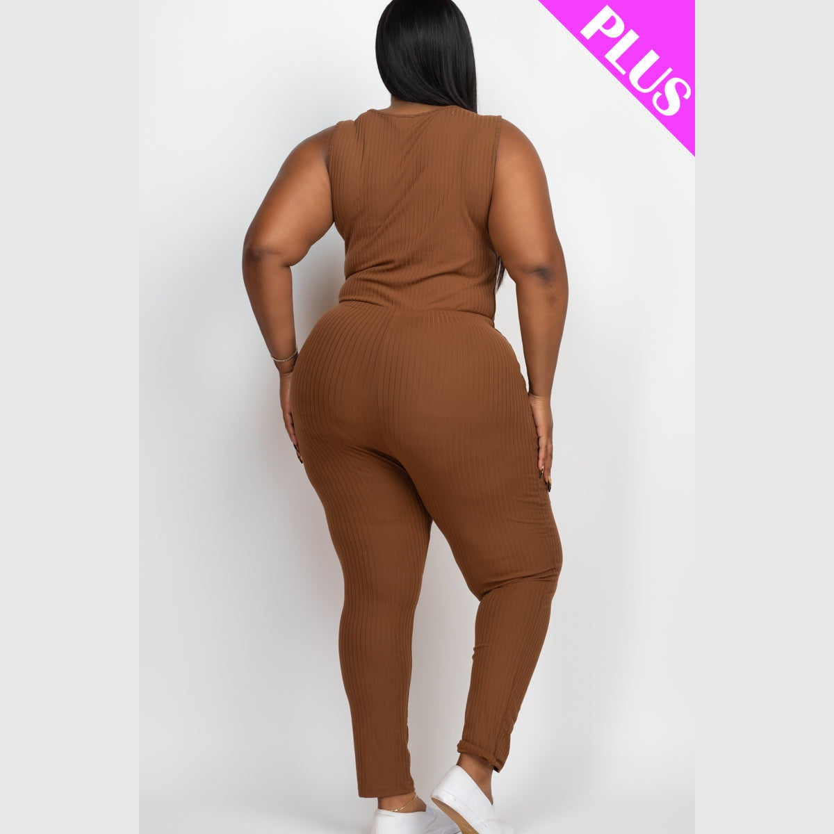 Plus Size Ribbed Sleeveless Drawstring Waist Jumpsuit