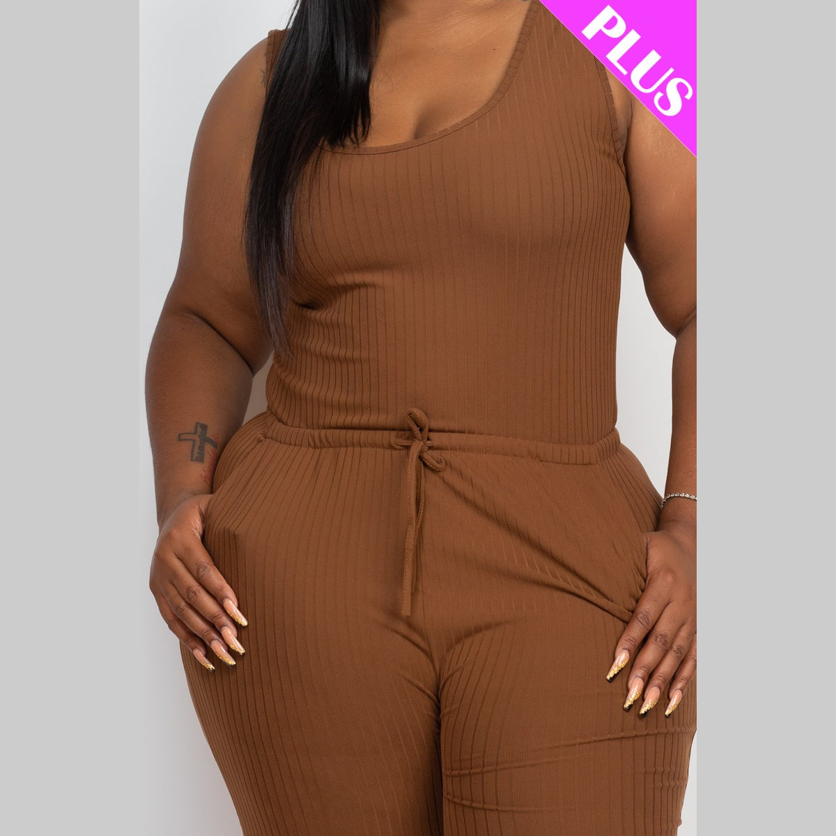Plus Size Ribbed Sleeveless Drawstring Waist Jumpsuit
