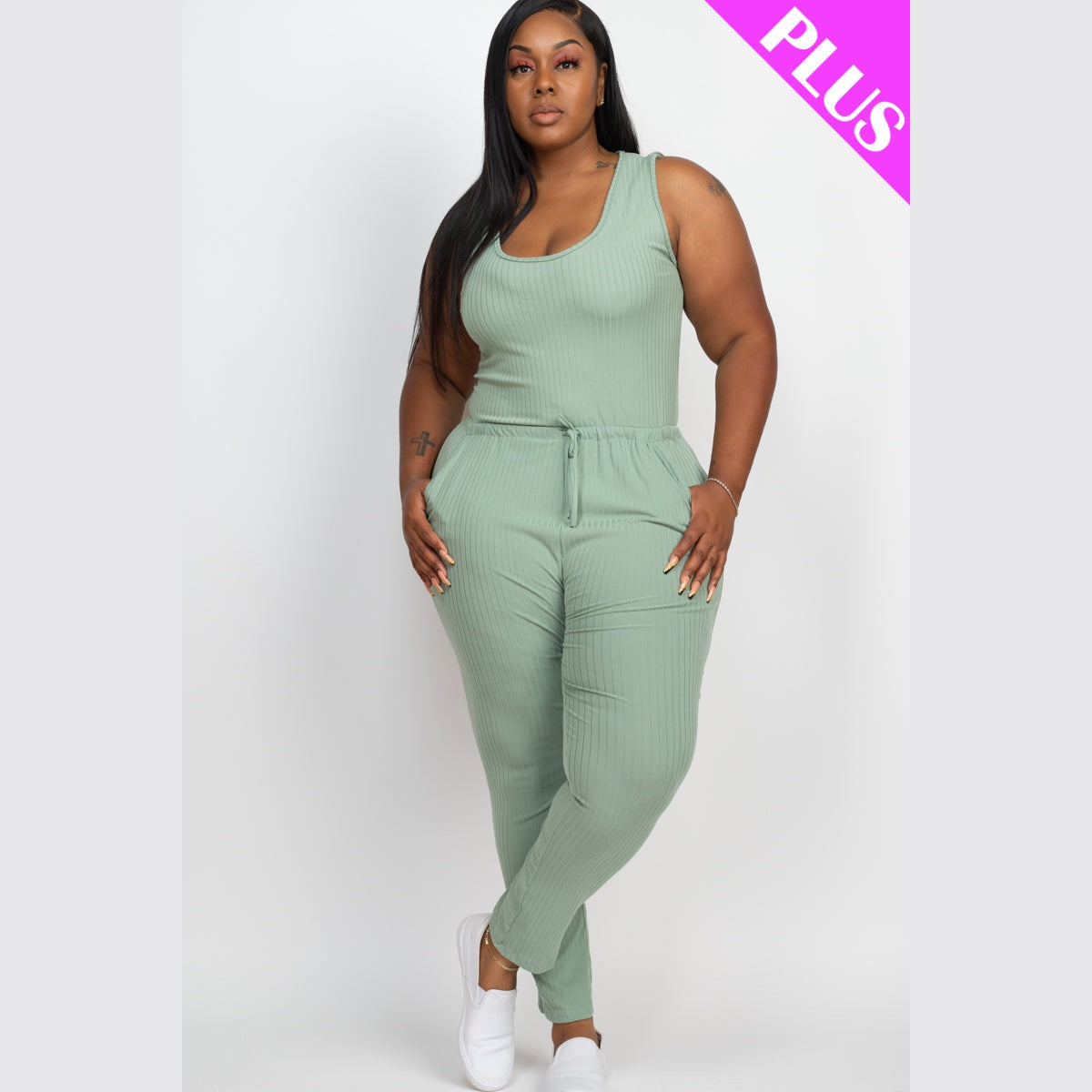Plus Size Ribbed Sleeveless Drawstring Waist Jumpsuit