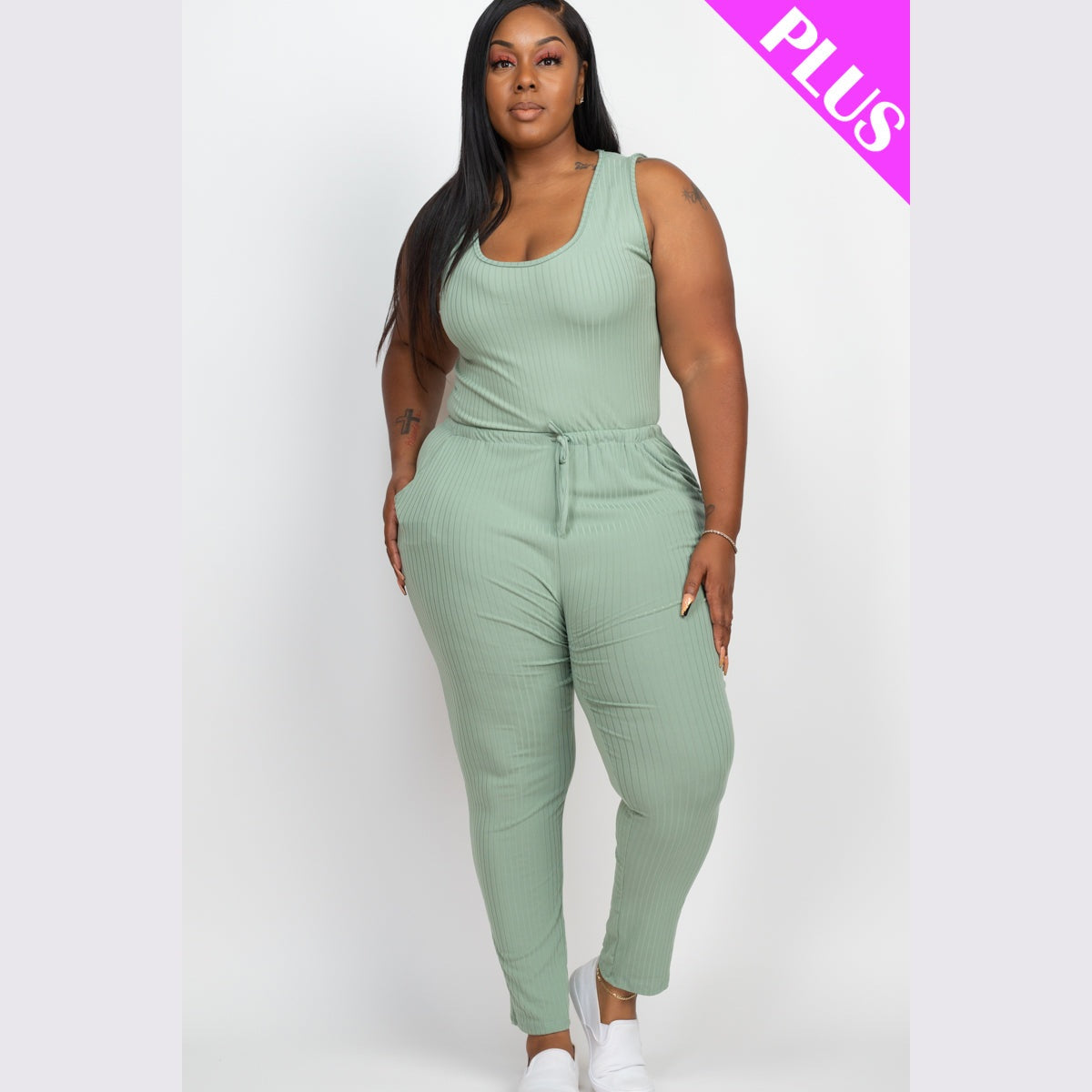 Plus Size Ribbed Sleeveless Drawstring Waist Jumpsuit