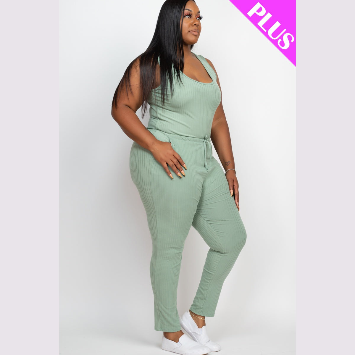 Plus Size Ribbed Sleeveless Drawstring Waist Jumpsuit