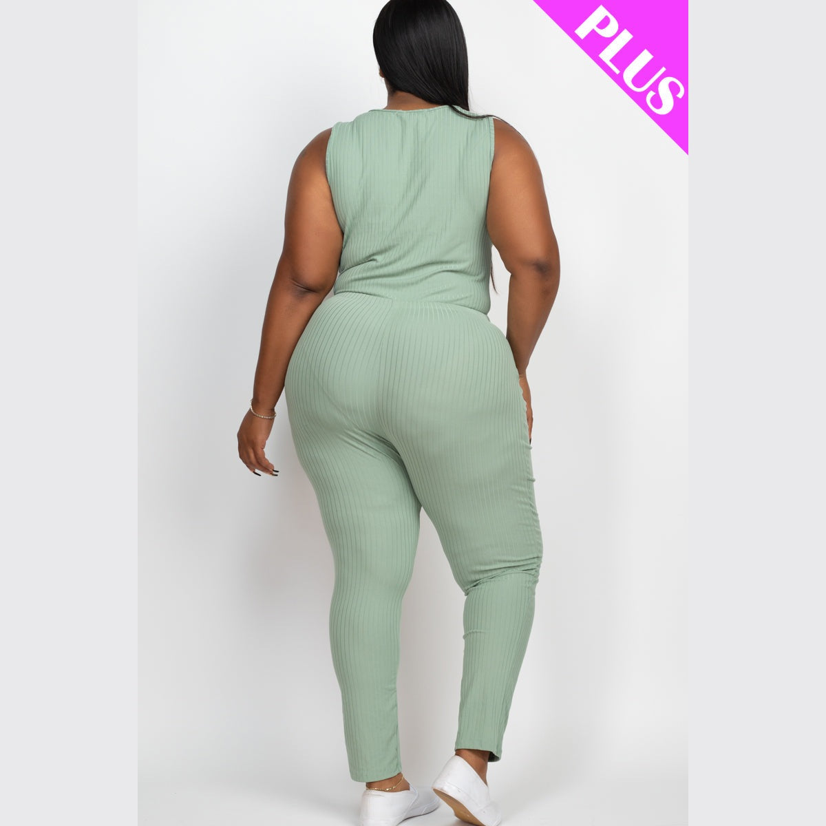 Plus Size Ribbed Sleeveless Drawstring Waist Jumpsuit