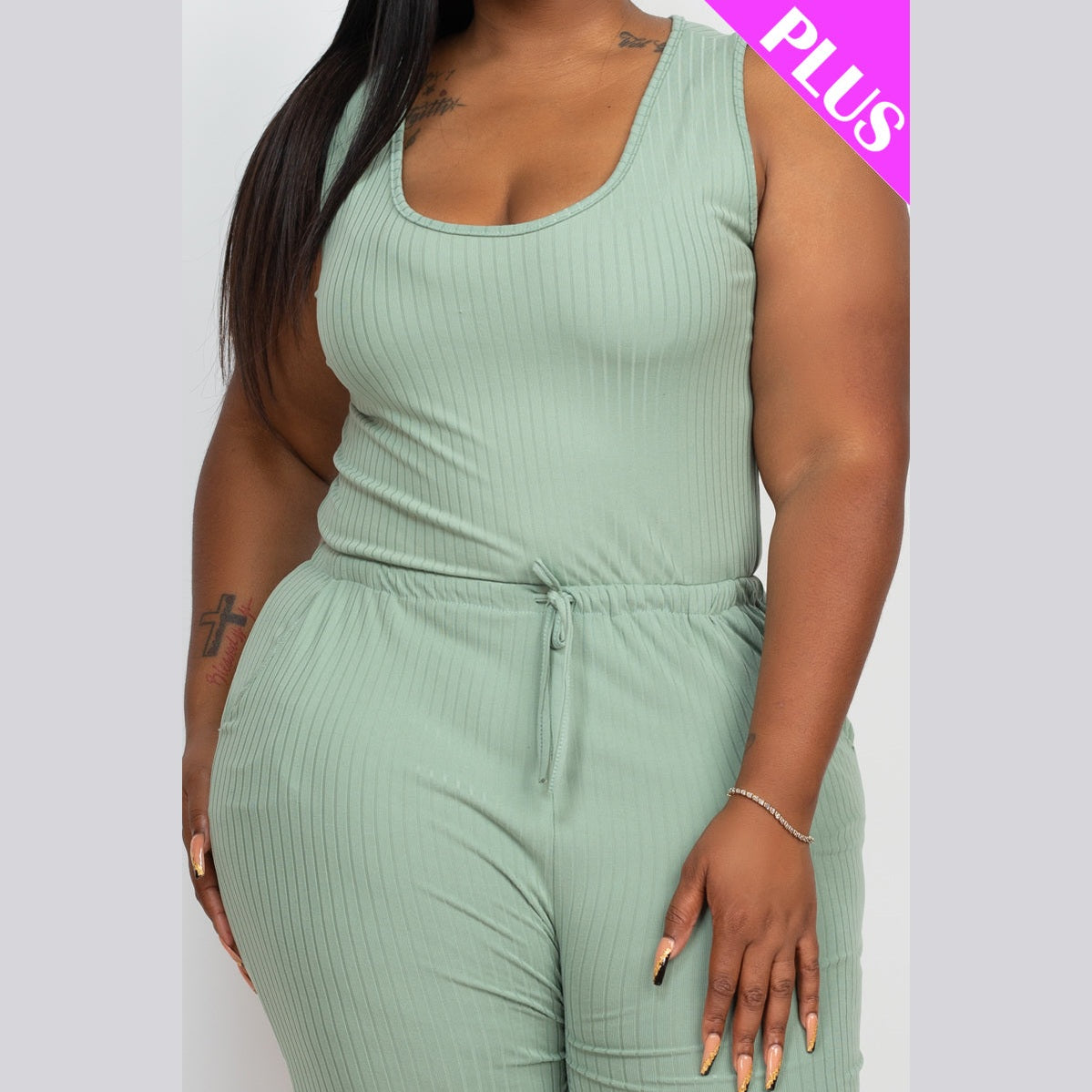 Plus Size Ribbed Sleeveless Drawstring Waist Jumpsuit